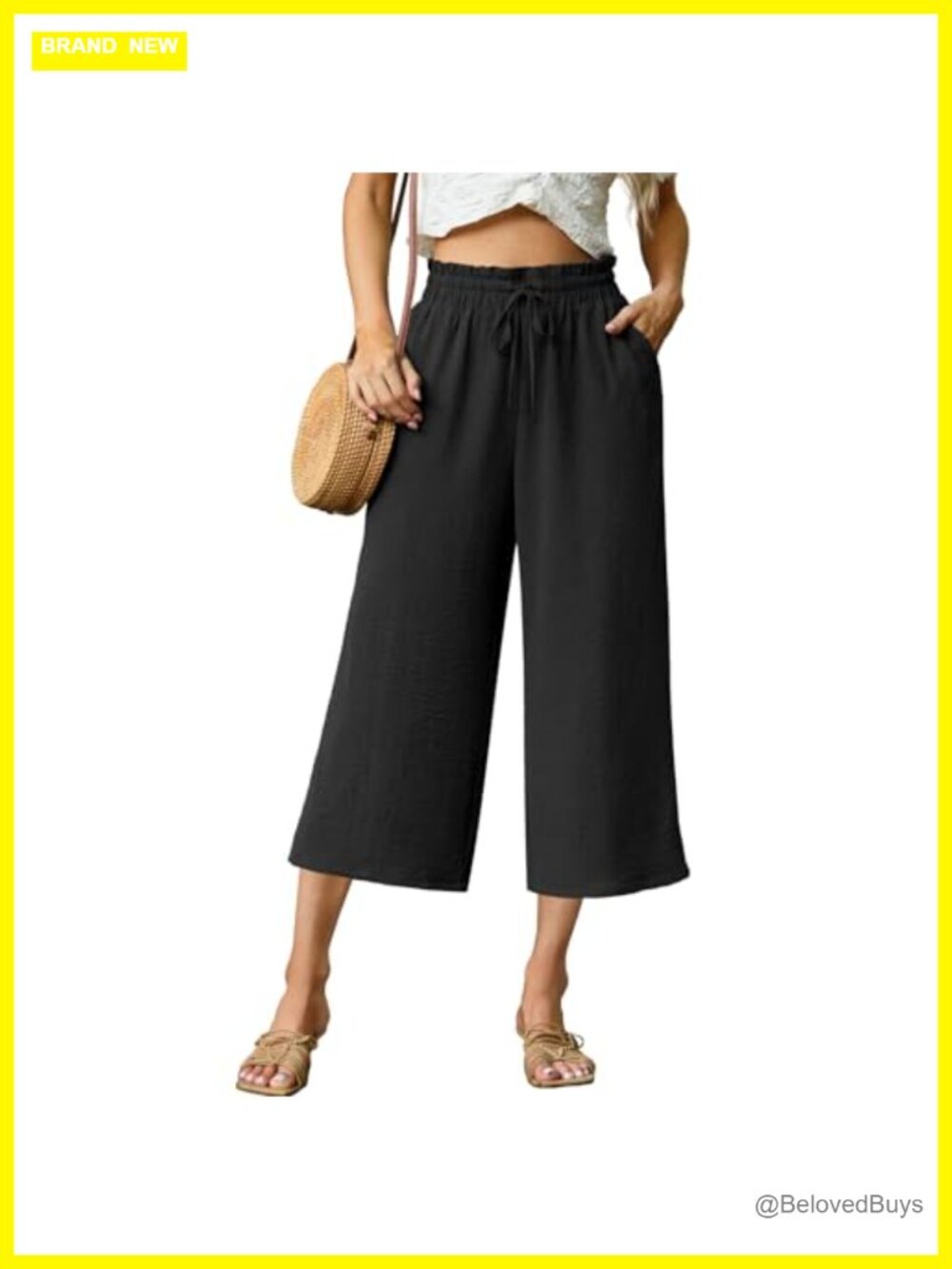 Wide Leg Capri Pants High Waisted Drawstring Pockets 100% Polyester